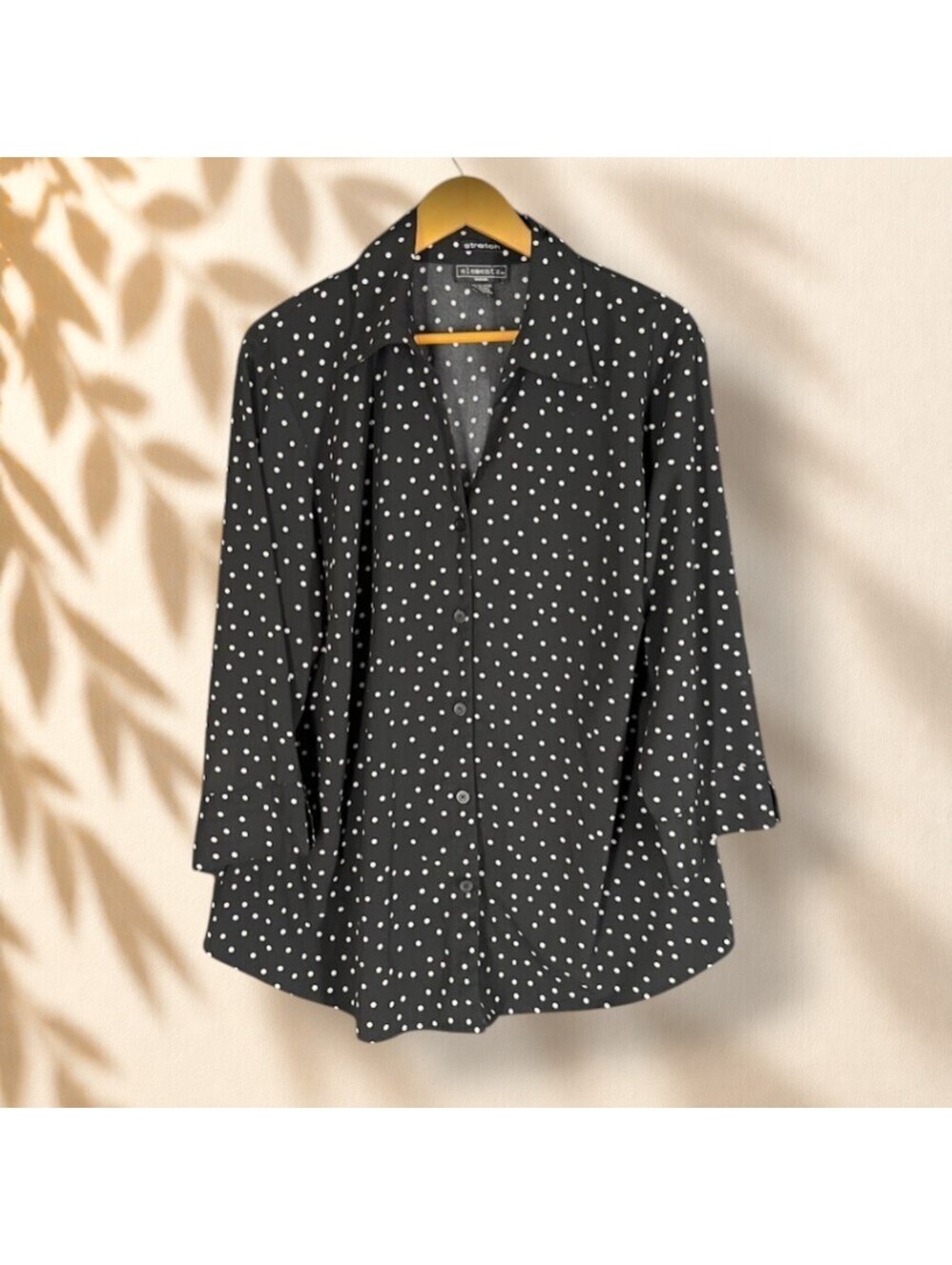 Elementz Shirt Women 2X Plus Black Polka Dot Button Up Collared 3/4 Sleeve